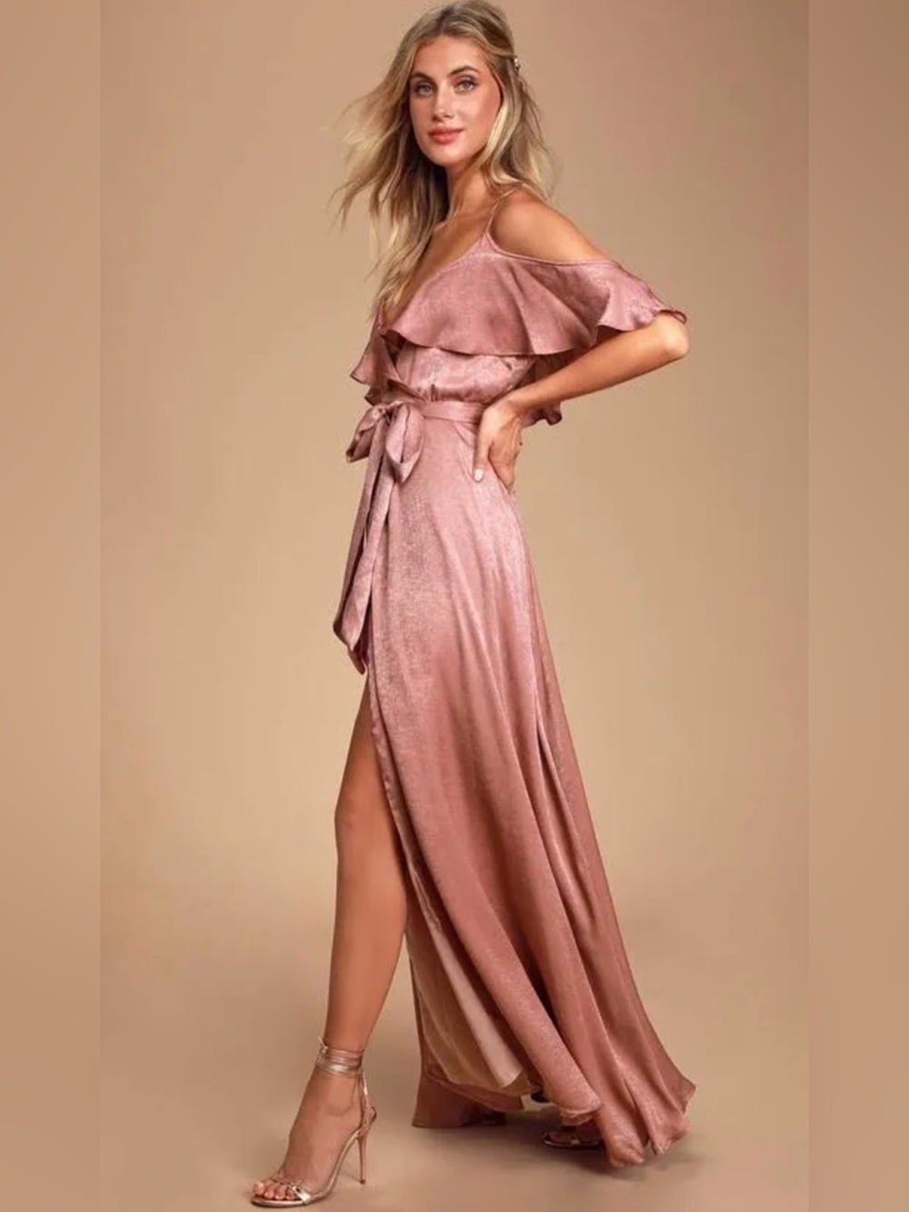 Lulu's Rose Satin Cold-Shoulder Tie-Waist Maxi Dress